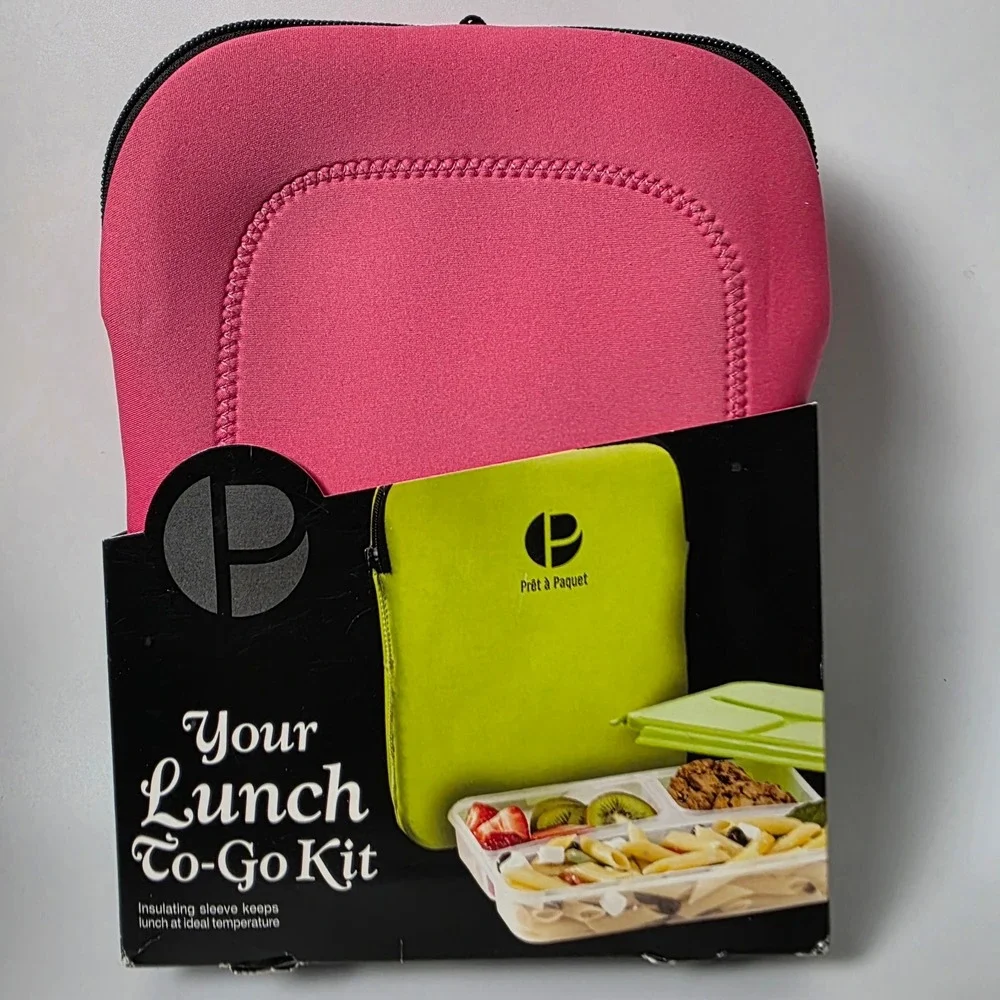 Pret-a-Paquet‎ Lunch To-Go Kit Pink Insulated Neoprene Sleeve Bento Box 35.2oz